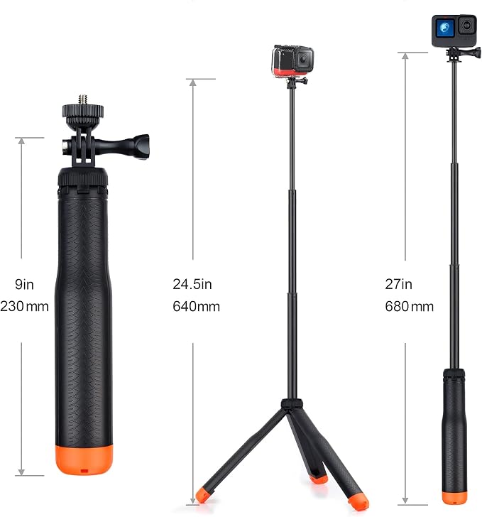 GEPULY Floating Selfie Stick Underwater Hand Grip for GoPro Hero 13, 12, 11, 10, 9, 8, Insta360 Ace Pro 2, DJI OSMO Action 6 5 Pro 4 3 and Most Action Cameras Waterproof Tripod Extendable Monopod