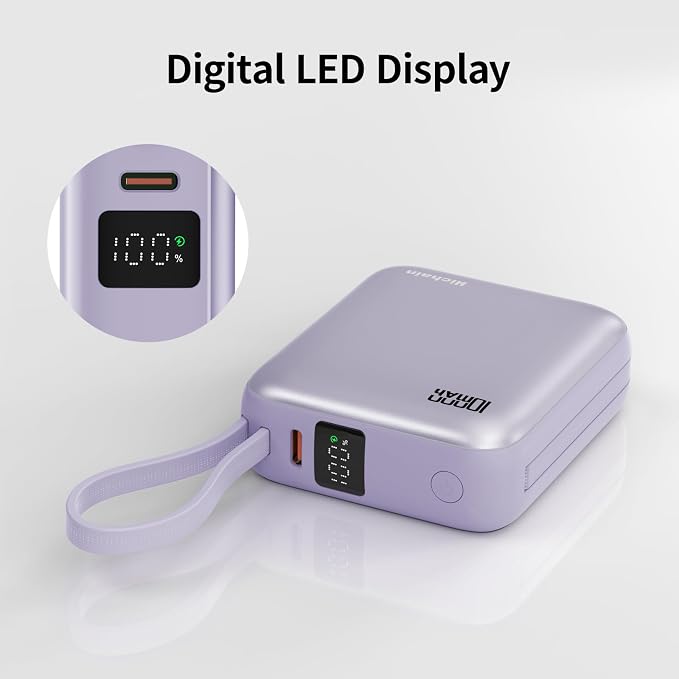10000mAh Small Portable Charger with Built in Cables LED Display Purple | Mini Power Bank 22.5W USB-C Fast Charging Battery Pack, Travel Essential Power Bank for iPhone, iPad, Samsung, Android