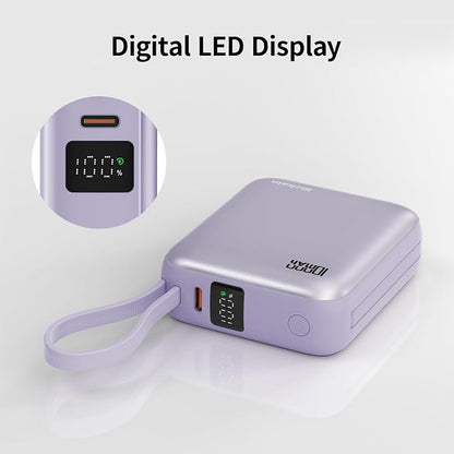10000mAh Small Portable Charger with Built in Cables LED Display Purple | Mini Power Bank 22.5W USB-C Fast Charging Battery Pack, Travel Essential Power Bank for iPhone, iPad, Samsung, Android