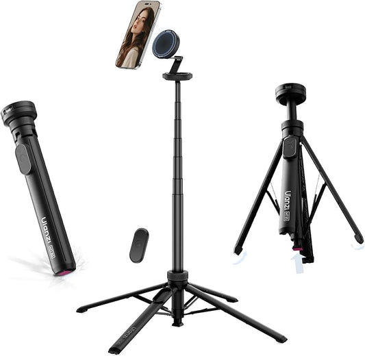 ULANZI Magnetic Phone Tripod, MT85 Auto Open Tripod with Enhanced 4-Leg, 60'' Selfie Stick Extendable Phone Stand, for Content Creation/Vlog, Compatible with iPhone 17/16/15/14/13/12 (Black)