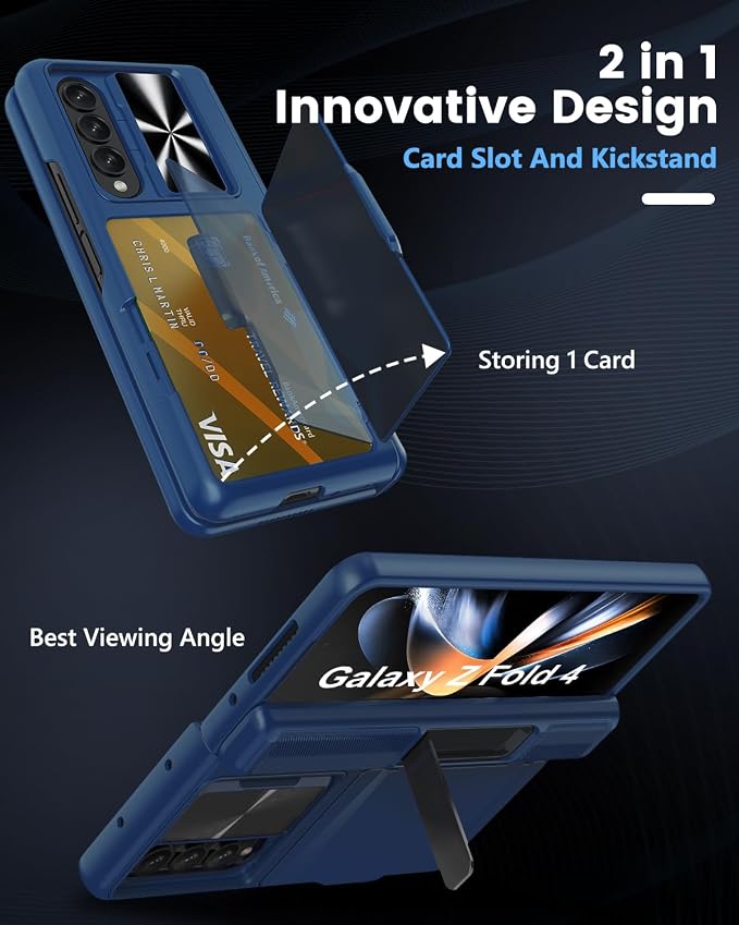 Viaotaily Kickstand Designed for Galaxy Z Fold 4 Case, Built-in Card Holder & Camera Cover & Hinge Protection, Upgrade Shockproof Durable Wallet Rugged Phone Case for Galaxy Z Fold4 2022,Blue