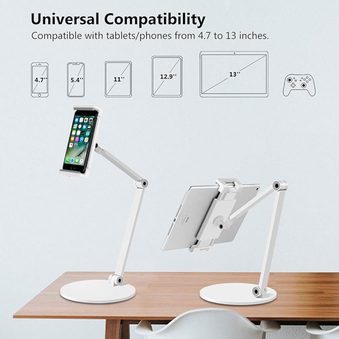 iPad Stand for Desk, Surface Pro Holder, Multi-Angle Adjustable Tablet Stand Holder for 4.7''- 13'' Screen Microsoft Surface Series, iPad Series,Samsung Galaxy Tabs,Amazon Kindle Fire, Etc. (White)