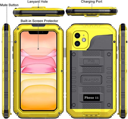 Beasyjoy Waterproof iPhone 11 Case - Metal Military Grade Defender with Built-in Screen Protector, Heavy Duty Rugged Shockproof Underwater Case (Yellow)