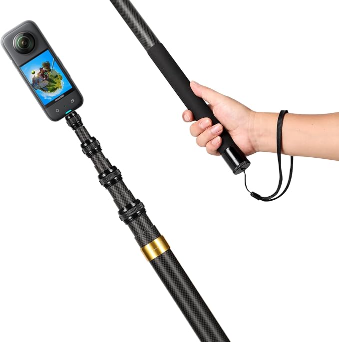 118"/3m, 9.8ft Extended Super Long Invisible Carbon Fiber Selfie Stick for Insta360 X4 X3 ONE X2, R, X, GO 3S 3 2 Action 360 Camera Accessories (17 to 118") (Gold)