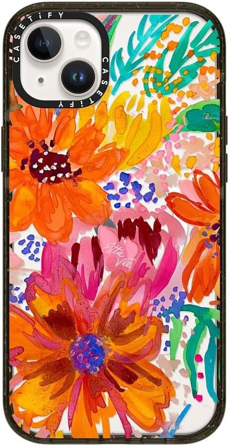 CASETiFY Impact iPhone 14 Plus Case [4X Military Grade Drop Tested / 8.2ft Drop Protection/Compatible with Magsafe] - EttaVee Watercolor Fleurs - Clear Black