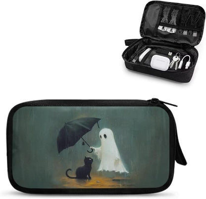 Halloween Ghost and Cat Print Electronic Organizer Travel Organizer Bag Electronics Accessories Cases Storage Bag Waterproof for Cable USB SD Card Power Bank Earphone