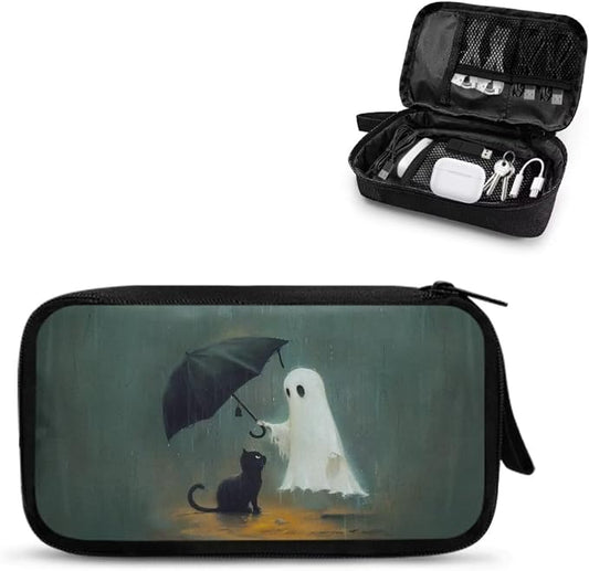 Halloween Ghost and Cat Print Electronic Organizer Travel Organizer Bag Electronics Accessories Cases Storage Bag Waterproof for Cable USB SD Card Power Bank Earphone
