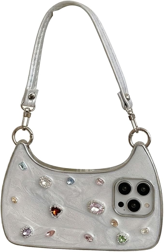 Ethereal Gemstone Aura Handbag for iPhone Case, 3D Cute Luxury Bling Diamond Crystal Rhinestone Handbag Phone Case for iPhone 17/16/15 Pro Max (12,White)