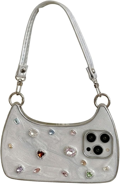 Ethereal Gemstone Aura Handbag for iPhone Case, 3D Cute Luxury Bling Diamond Crystal Rhinestone Handbag Phone Case for iPhone 17/16/15 Pro Max (16promax,White)