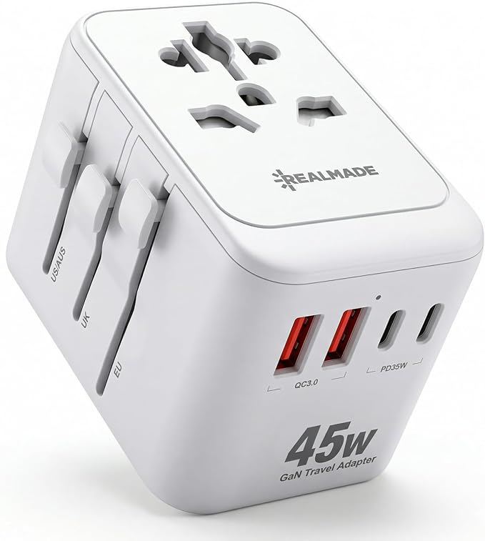 Realmade 45W International All-in-One Travel Adapter, 2C+2A GaN Tech White | All-in-one international power adapter, travel essential for US EU UK overseas trips