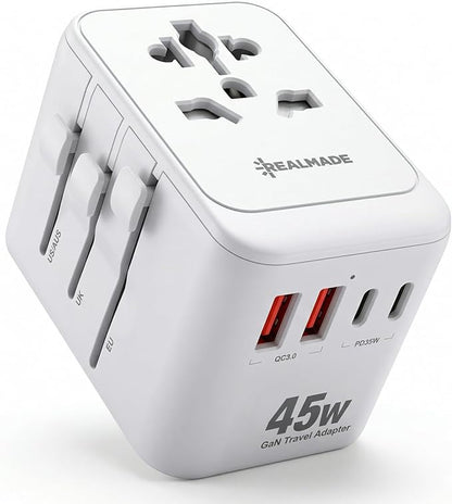 Realmade 45W International All-in-One Travel Adapter, 2C+2A GaN Tech White | All-in-one international power adapter, travel essential for US EU UK overseas trips