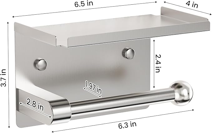 Matte Silver Toilet Paper Holder with Shelf, Wall Mount, Rustproof Stainless Steel, Fits Double Rolls, No-Drill Adhesive or Screw Mount for Bathroom, Kitchen, RV