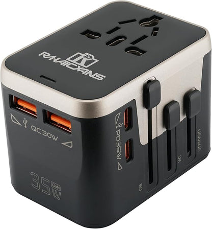 Worldwide 35W Travel Adapter Fast Charger 4-in-1 International Wall Plug with 2 USB-A & 2 USB-C Ports, All-in-One AC Outlet for US, UK, EU, AUS, Asia