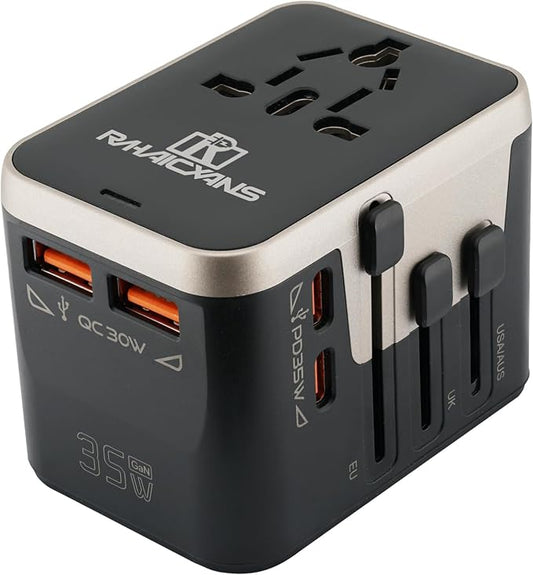 Worldwide 35W Travel Adapter Fast Charger 4-in-1 International Wall Plug with 2 USB-A & 2 USB-C Ports, All-in-One AC Outlet for US, UK, EU, AUS, Asia