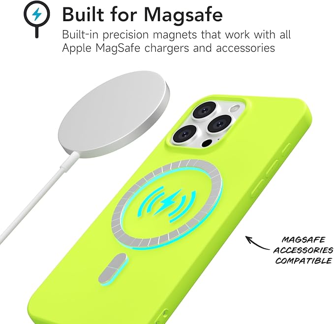 for iPhone 15 Pro Max Case Silicone Compatible with Magsafe Case, Ultra Slim Thin Magnetic Phone Cases Mag Safe, Cute Soft Rubber Gel Matte Plain Wireless Charging Cover for Women, Neon Green