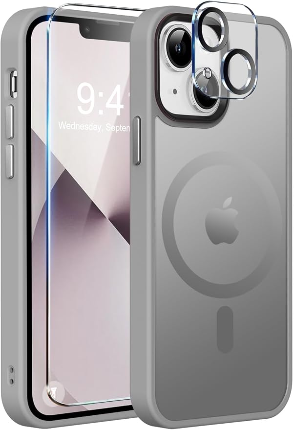 MOCCA Strong Magnetic for iPhone 13 Case, [Compatible with Magsafe][Screen Protector+Camera Lens Protector] Translucent Matte Back Slim Shockproof Case for iPhone 13 Phone Case 6.1", Titanium Gray