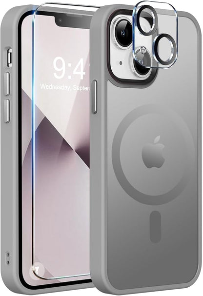 MOCCA Strong Magnetic for iPhone 13 Case, [Compatible with Magsafe][Screen Protector+Camera Lens Protector] Translucent Matte Back Slim Shockproof Case for iPhone 13 Phone Case 6.1", Titanium Gray