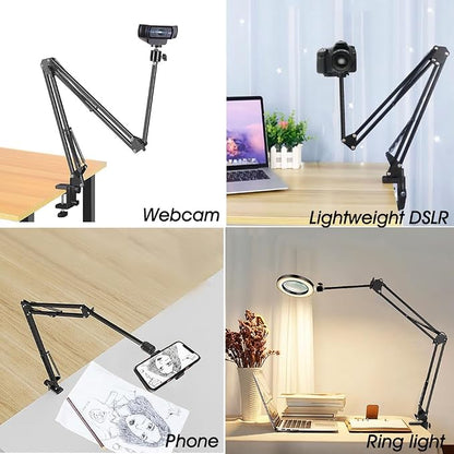 Overhead Tripod Mount for Camera Webcam Ring Light, Long Over Head Articulating Arm with Phone Holder and Ball Head, Desktop Lazy Arm Clamp Phone Stand Accessory for Live Streaming,Video Recording