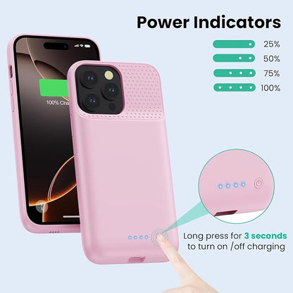 Feob Battery Case for iPhone 16 Pro Max,Ultra-Slim 8600mAh Portable Charger Cover 360°Protection Rechargeable Extended Battery Charging Case for iPhone 16 Pro Max-Pink
