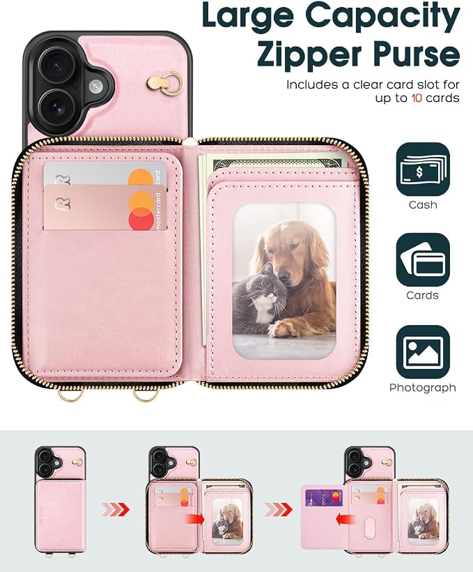 OCASE Compatible with iPhone 16 Crossbody Wallet Case with Card Holder, PU Leather Zipper Handbag Phone Purse with RFID Blocking Kickstand Wrist Strap Lanyard 6.1 Inch, Pink