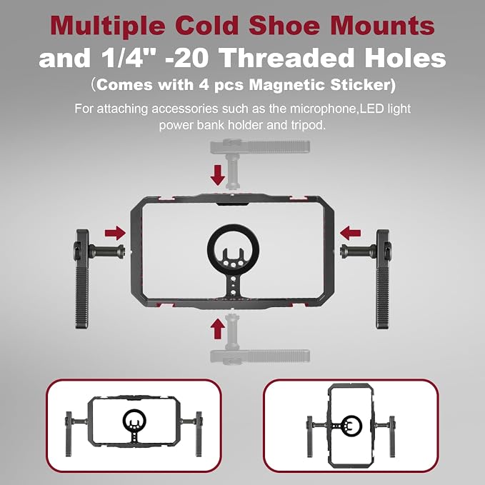 Magnetic Phone Cage with Handle,Smartphone Cage Kit with 360° Rotation Handgrip and Magnetic Sticker for Photography,Compatible with iPhone 17/16/15/14/13 Series and Andriod Phones (Black)