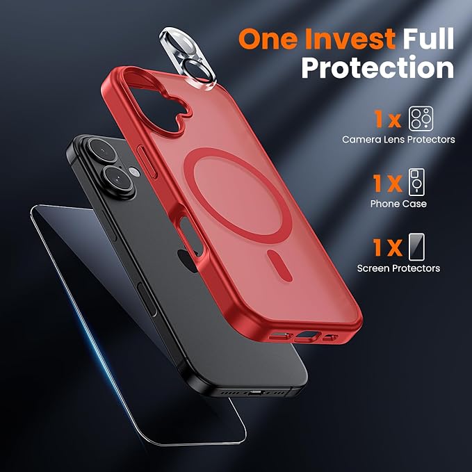 3 in 1 for iPhone 17 Case Matte Red,Fits MagSafe, Screen Protector*1 Camera Lens Protector*1,Matte Skin Feeling Back, Cover Military-Grade Protection