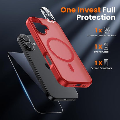 3 in 1 for iPhone 17 Case Matte Red,Fits MagSafe, Screen Protector*1 Camera Lens Protector*1,Matte Skin Feeling Back, Cover Military-Grade Protection