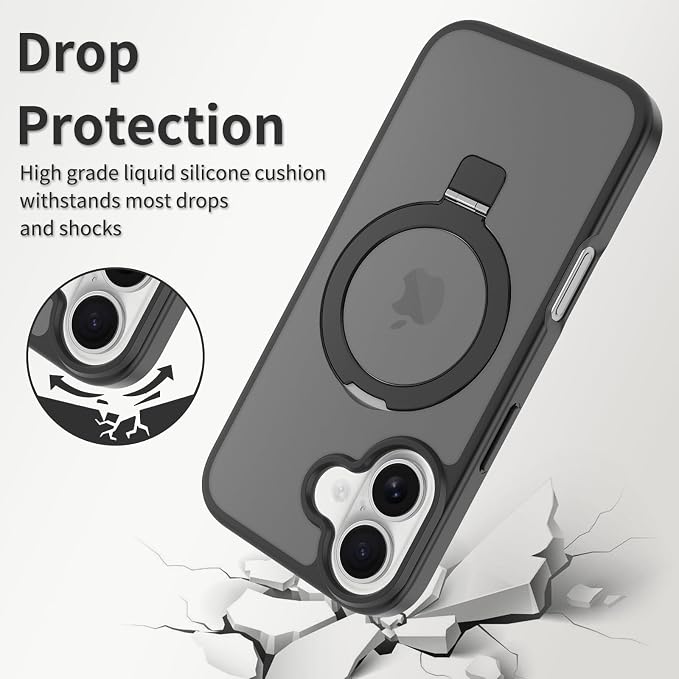 Ultra-Magnetic Stand for iPhone 17 Case [Military Drop Protection] [Compatible with MagSafe] Shockproof Translucent Matte Slim Ring Holder Case for iPhone 17 (Black)