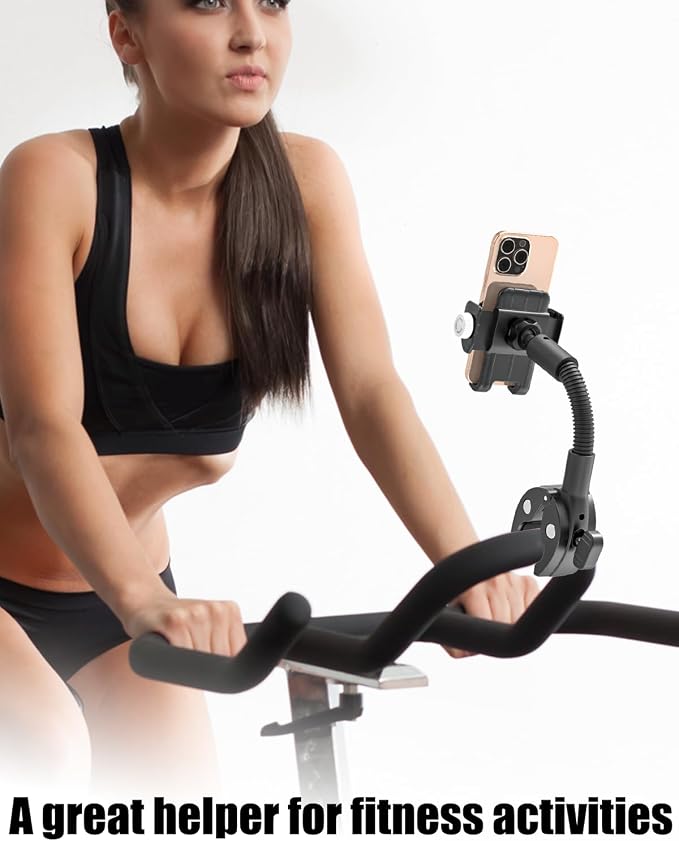 Charchendo Gooseneck Exercise Bike & Spin Bike Phone Holder [Anti-Drop Design], Secure Non-Slip Handlebar Mount Clamp, Fit 17 16 15 14 13 12 Pro Plus Max Mini and 4-7" Phones with Thick Cases