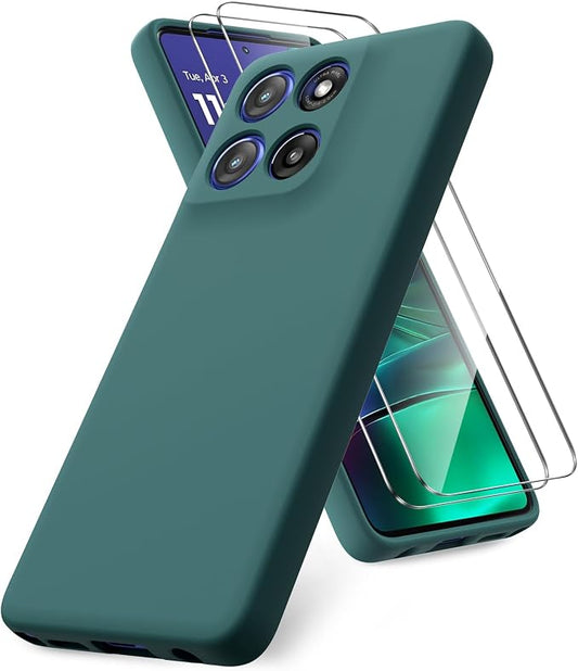 Case for Motorola Moto G Stylus 5G 2025, 2 Pack Tempered Glass Screen Protectors, Soft TPU Liquid Silicone Shockproof Gel Case-Midnight Green