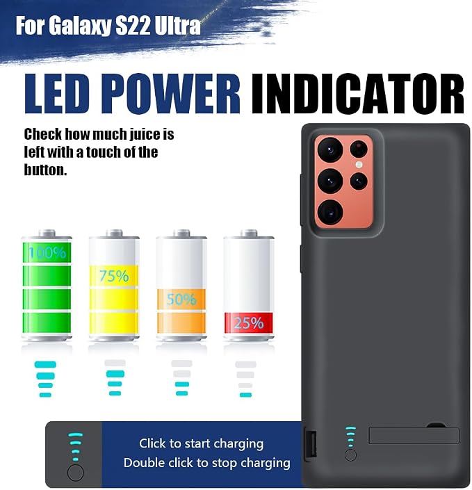 Sitong Upgraded Battery Case for Samsung Galaxy S22 Ultra, 5000mAh Rechargeable Extended Battery Charging Charger Case, Add 100% Extra Juice (6.8 Inches) Black
