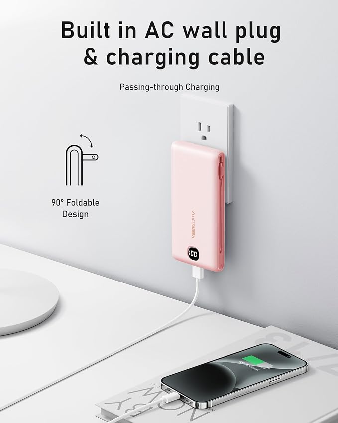 VEEKTOMX Portable Charger with Built in Cables 10000mAh, Power Bank for iPhone with Wall Plug, Travel Essential Fast Charging USB C Slim External Battery Pack for iPhone 17/16/15, Samsung, iPad,etc