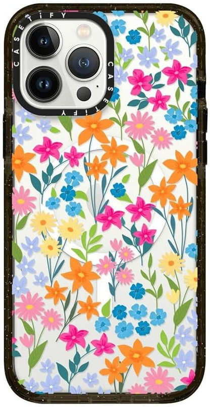 CASETiFY Impact iPhone 13 Pro Max Case [4X Military Grade Drop Tested / 8.2ft Drop Protection/Compatible with Magsafe] - Bright Spring Flowers - Daisy Floral Pattern - Clear Black