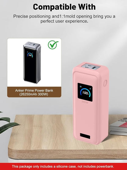 Silicone Protective Case Compatible with Anker Prime Power Bank 26,250mAh 300W, Shockproof Cover with LCD Display Visible, Anti-Lost Strap, Precision Cutouts for 3-Port Charger(Pink)