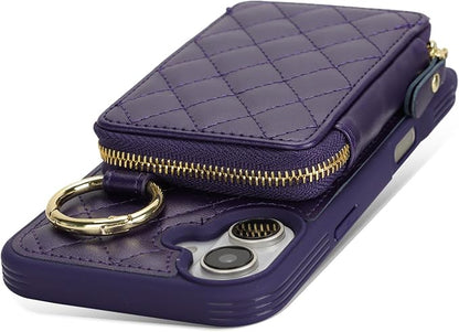 Crossbody Wallet Case for iPhone 17, PU Leather Zipper Handbag Purse Flip Cover, Kickstand Folio Case with Card Slots Holder Wrist Strap Lanyard 5G 6.3 Inch-Purple