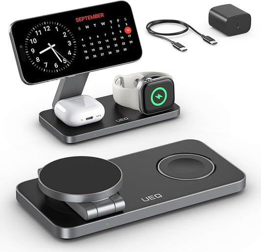 Foldable 3 in 1 Wireless Charging Station for Apple Magsafe Charger Stand,Fast Magnetic Wireless Charger Station for iPhone 17 Air 16 15 14 13 12 Series,Airpods Pro,Apple Watch Ultra (Pure Black)