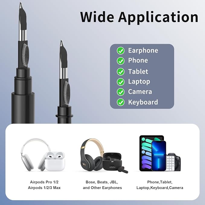 Cleaner Kit for Airpods Pro 1 2 3, 3-in-1 Multi-Function Cleaning Pen Tools Soft Brush Flocking Sponge & Metal Tip for Earbuds, Wireless Earphones, iPhone, Camera, Lens, Bluetooth Headphones (Black)