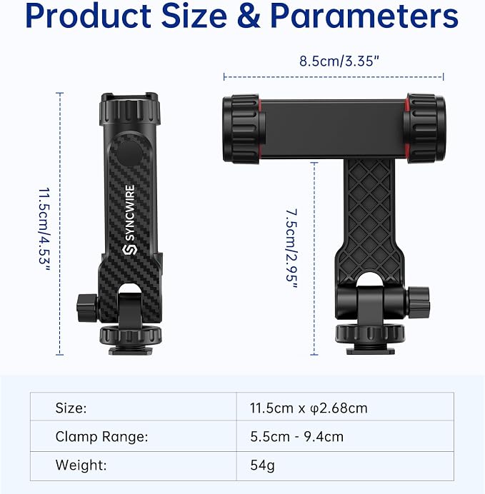 SYNCWIRE Tripod Phone Mount, Universal Smartphone Mount Adapter with 2 Cold Shoe and 1/4" Screw, 360° Rotates and 180° Tilts Adjustable Cell Phone Clamp Holder for Enhancing Mobile Photography Setup