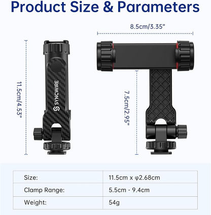 SYNCWIRE Tripod Phone Mount, Universal Smartphone Mount Adapter with 2 Cold Shoe and 1/4" Screw, 360° Rotates and 180° Tilts Adjustable Cell Phone Clamp Holder for Enhancing Mobile Photography Setup