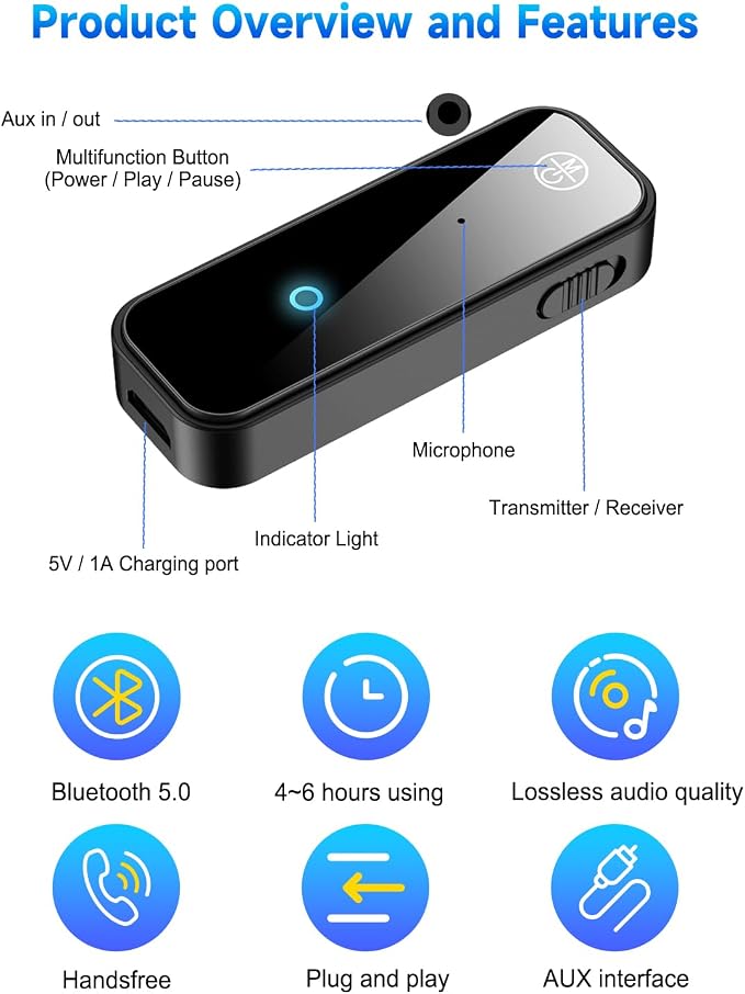 Upgraded AUX Bluetooth 5.0 Adapter for Car, 2 in 1 Wireless Bluetooth Transmitter and Receiver for TV Headphones Home Audio Speakers, Portable Wireless Audio Receiver for iPhone PC, Hands-Free Call