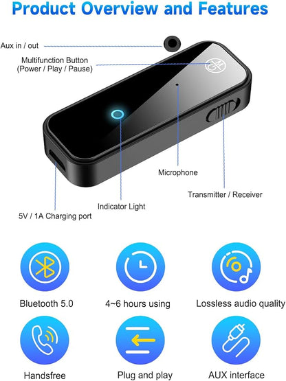 Bluetooth 5.0 Adapter 3.5mm Jack Aux Dongle, 2-in-1 Wireless Transmitter Receiver for TV/Travel Flight, Gym, Supports to Headphones, Bluetooth Receiver for Car/Home Stereo (with RCA & AUX) ﻿