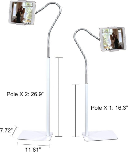 Tablet Floor Stand with Flexible Gooseneck and Stable Aluminum Base Suitable for 3.5” - 10.6” Smart Phone & Tablet White