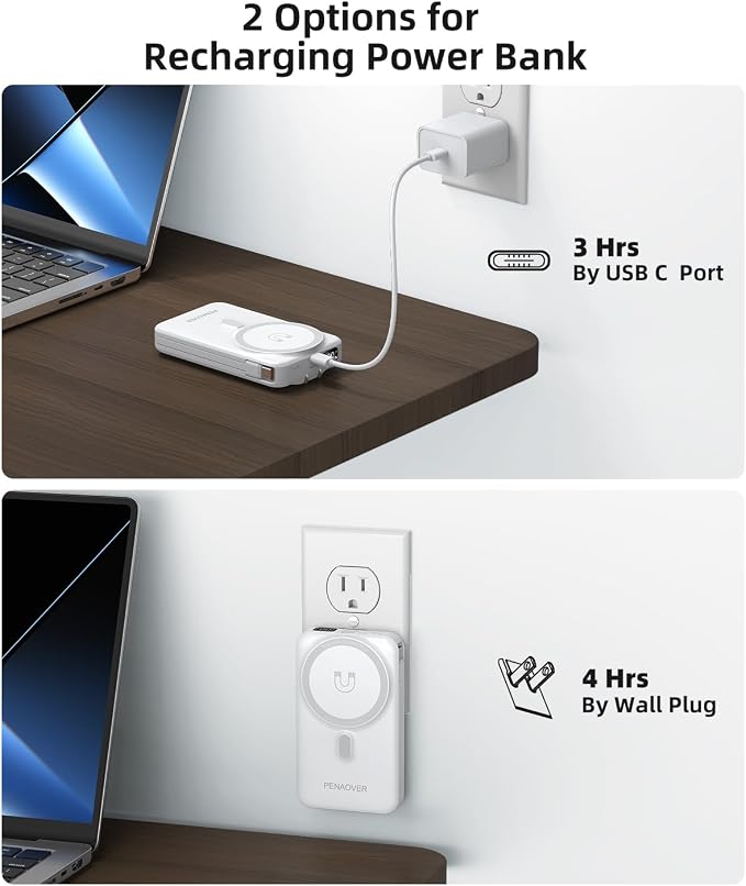 for Magsafe Magnetic Portable Charger, 10000mAh Wireless Power Bank with Built-in Cable & AC Wall Plug, Battery Pack PD 22.5W with Stand, LED Display for iPhone 17/16/15/14/13 Series, Samsung, Pixel