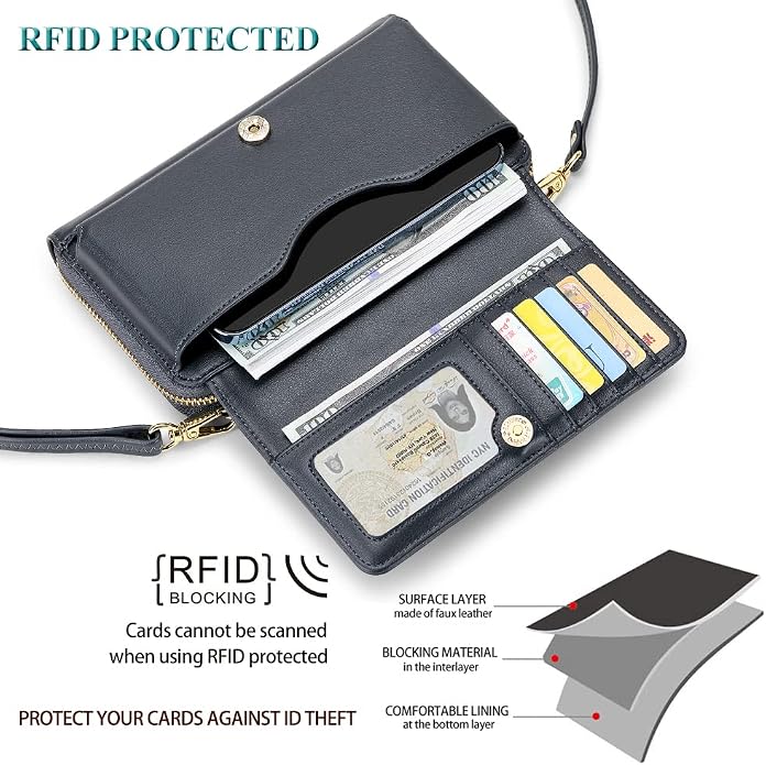 Peacocktion Crossbody Bags for Women RFID Wristlet Wallets Travel Vegan Leather Small Clutch Purses with Phone Pocket Zipper