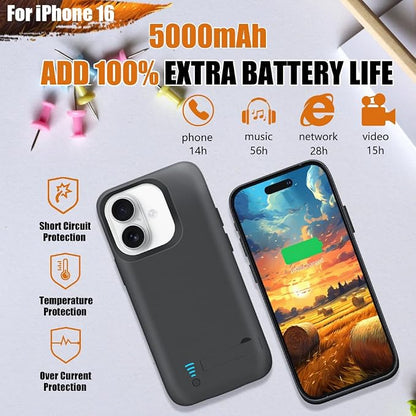 Battery Case for iPhone 16, 5000mAh Rechargeable Extended Battery Charging/Charger Case, Add 100% Extra Juice (6.1 Inches) Black