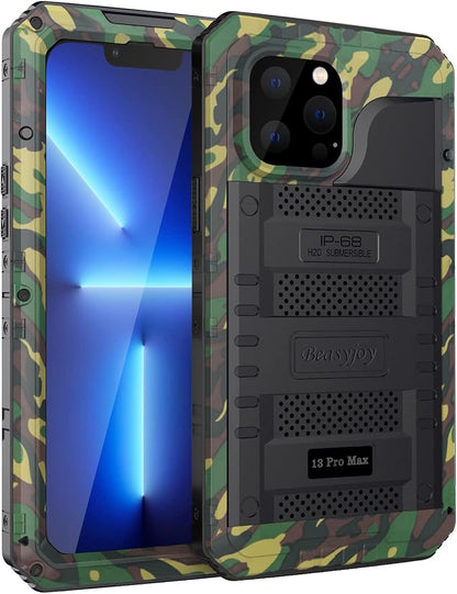 Beasyjoy for iPhone 13 Pro Max Case Waterproof, Metal Military Grade Case with Built in Screen Protector, Heavy Duty Full Body Protective Defender Rugged Underwater Phone Case 6.7'' (Camo)