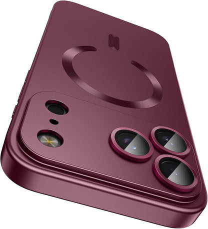 Magnetic for iPhone 17 Pro Max Case, Compatible with MagSafe, Built-in Camera Lens Protector, Slim Thin Soft Silicone Bumper Shockproof Metallic Luster Phone Case, Burgundy Red