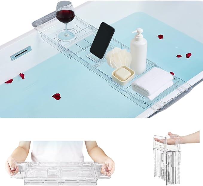 Bathtub Caddy Tray,Adjustable Bathtub Tray Table, Bath Organizer for Relaxing Spa-Features 2 Cup Holders, A Phone Stand with 5 Angle Adjustments,Non-Slip Silicone Pads,Won't Get Moldy,Easy to Clean.