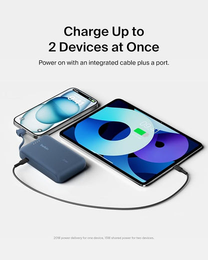Belkin Portable Charger Power Bank USB C, 10000 mAh w/Integrated Cable, 20W Fast Charge USB-C Power Delivery, iPhone Charger, Apple iPhone 17, Air, Pro, Pro Max, iPad, Samsung Galaxy S25 - Blue