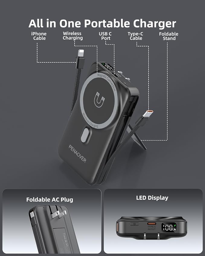 for Magsafe Magnetic Portable Charger, 10000mAh Wireless Power Bank with Built-in Cable & AC Wall Plug, Battery Pack PD 22.5W with Stand, LED Display for iPhone 17/16/15/14/13 Series, Samsung, Pixel